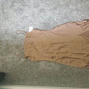 Tan Cowl Neck Satin Slip Dress